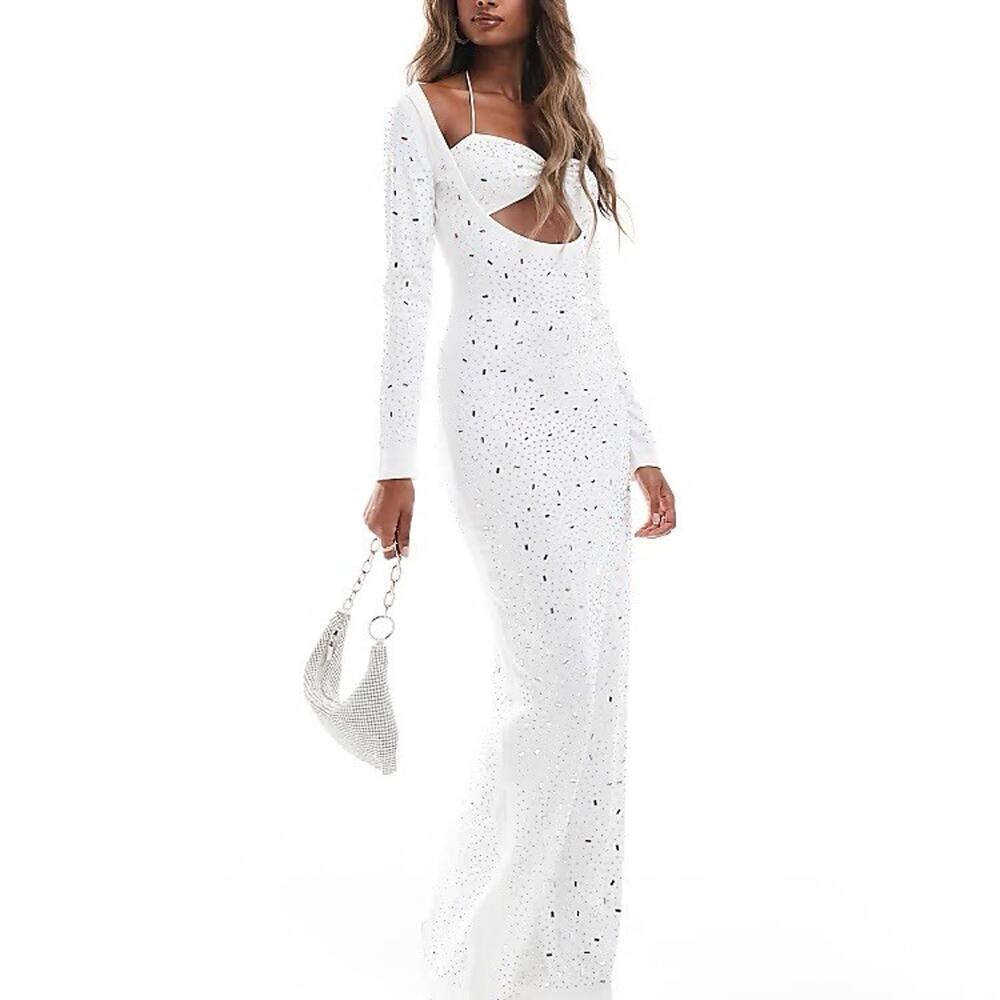 Murci Diamanté Cut Out Two piece Long Sleeve Rhinestone White Dress Bridal US 6